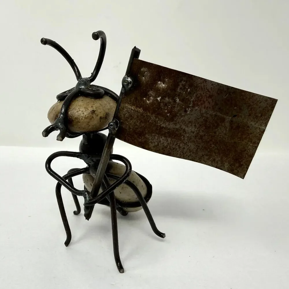 Vintage Metal Ant Sculpture Pebble Stone Folk Art Desk Decor Rustic Rare